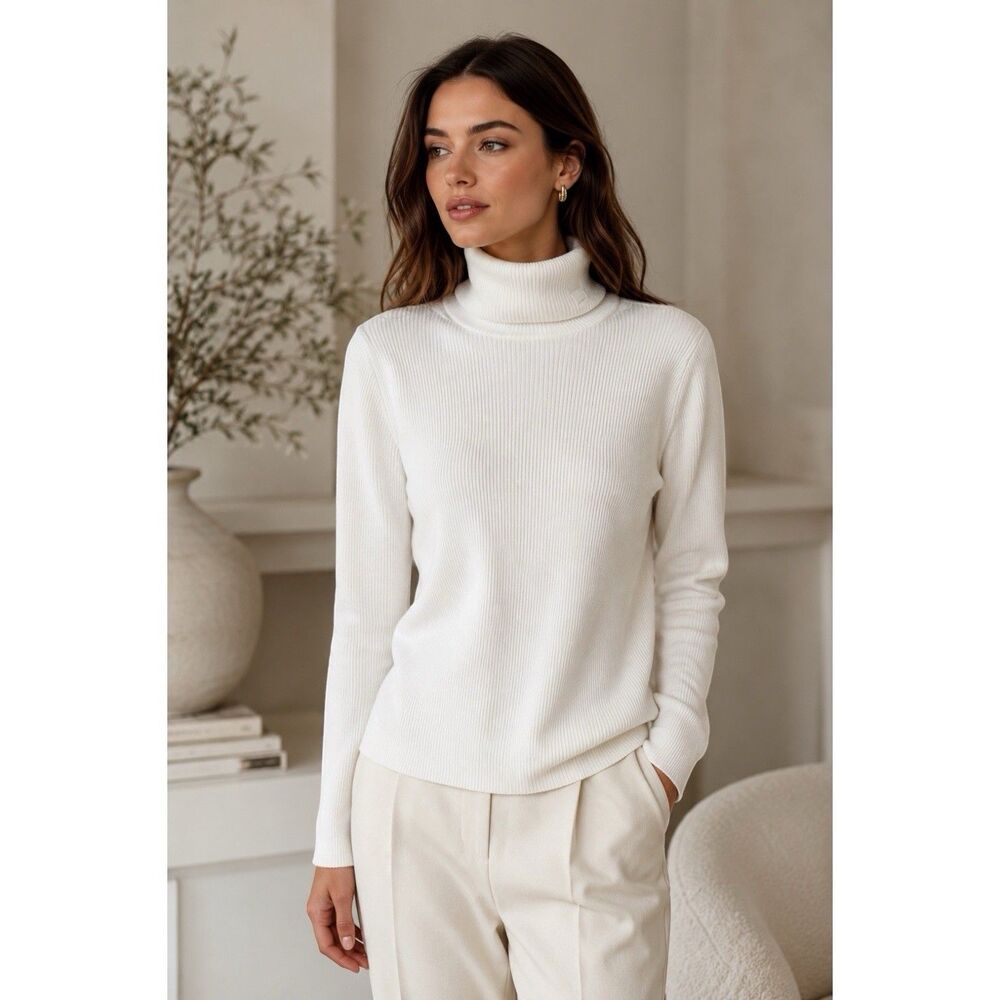 Lauren Ralph Lauren Women’s Ribbed Turtleneck Stretchy Sweater White Cotton XL